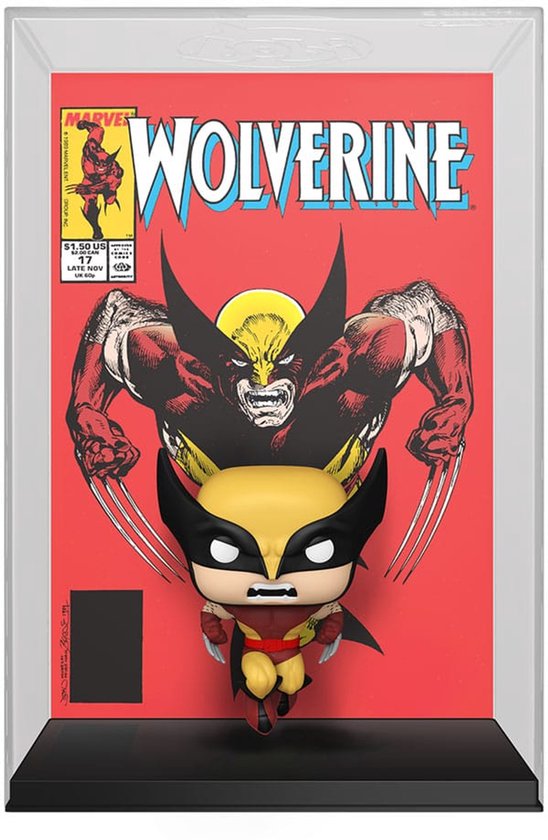 Wolverine Funko Pop-figuur in een vitrine. De achtergrond toont een afbeelding van Wolverine op een rode stripboekcover.