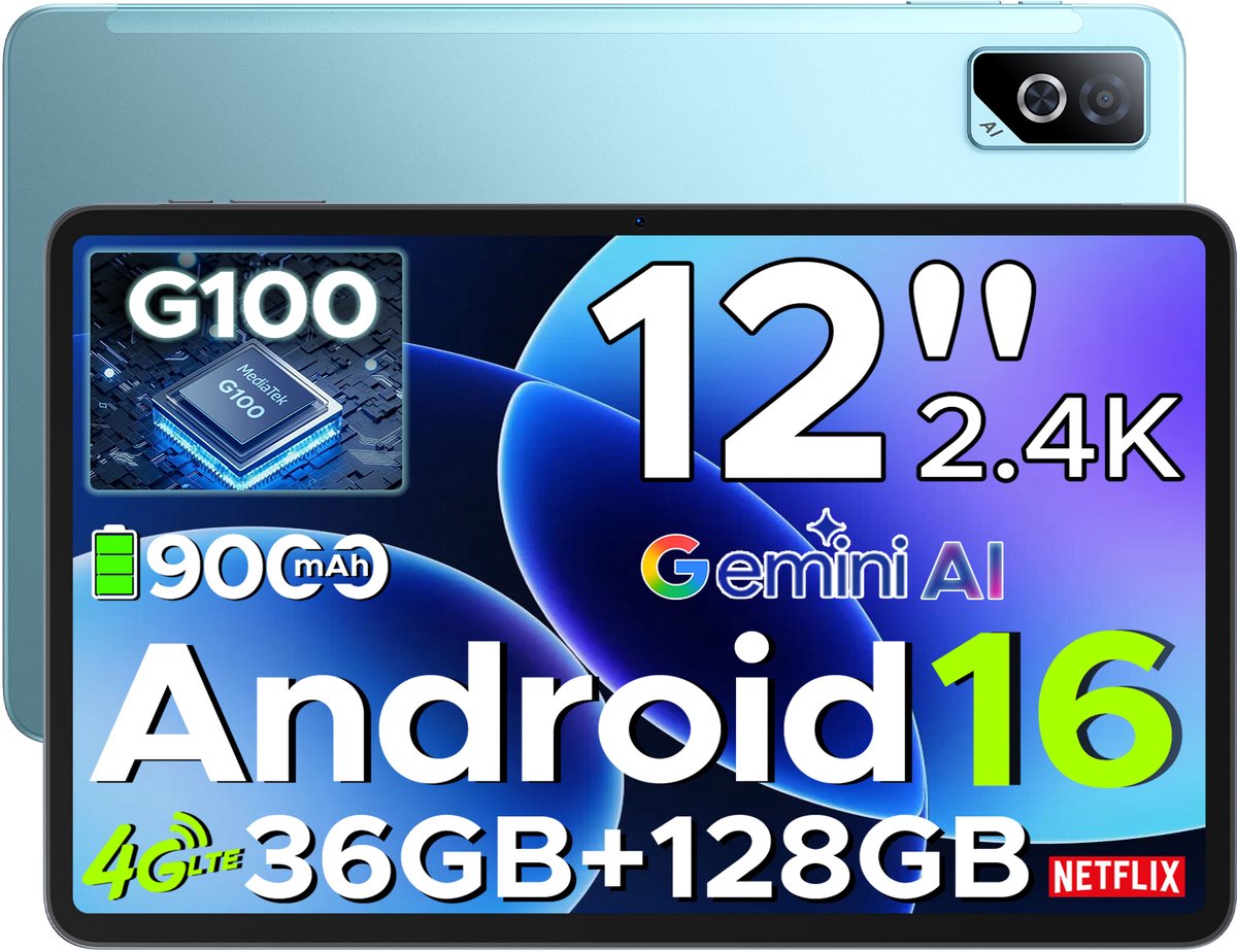 DOOGEE Tab G6 Pro – 12 inch tablet – 9000 mAh/18 W – 36 GB RAM + 128 GB ROM – Android 16 – Gemini AI – 2,4K 90 Hz IPS – Helio G100-chipset – 4G LTE – wifi – dubbele luidsprekers – Face ID
