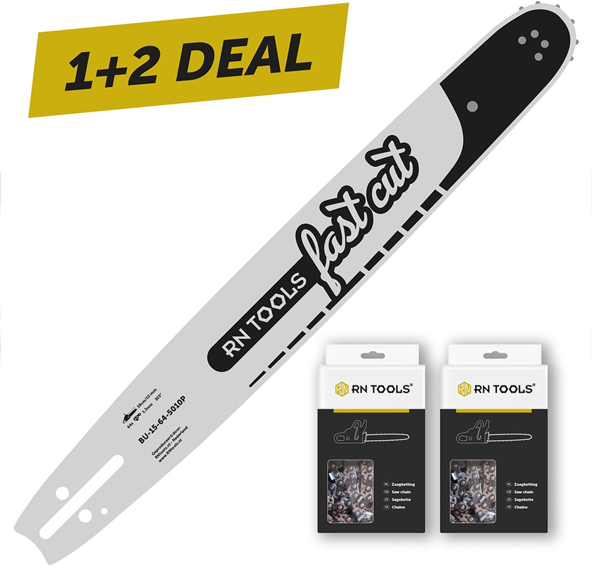 RNtools Kettingzaagblad 38 cm .325" 1.3 mm (0.050") FastCut + 2x RNtools Zaagketting .325" 1.3 mm (0.050") 64 schakels voor de Kettingzaag (o.a. Husqvarna)