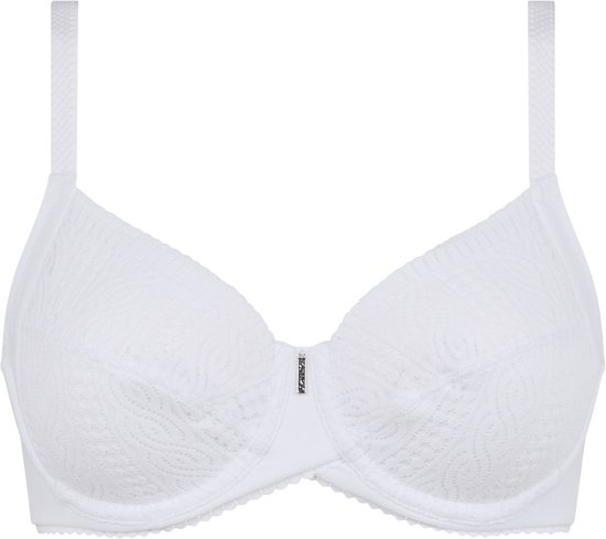 Soutien-gorge blanc à armatures avec bonnets en dentelle, texture subtile et badge logo au centre.