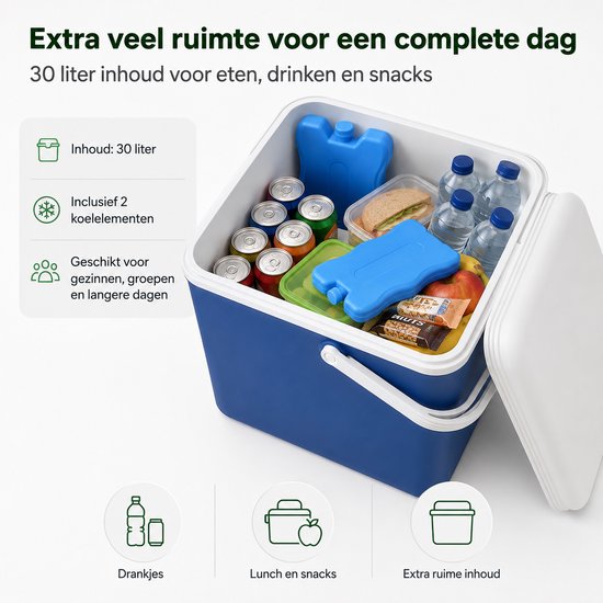 Koelbox 30 Liter - Inclusief 2 Koelelementen - Blauw/Wit - Met Draaghendel - 40,5 x 29,6 x 38,2 cm - Voor Camping, Strand, Picknick en Onderweg van Koelbox. — afbeelding 2