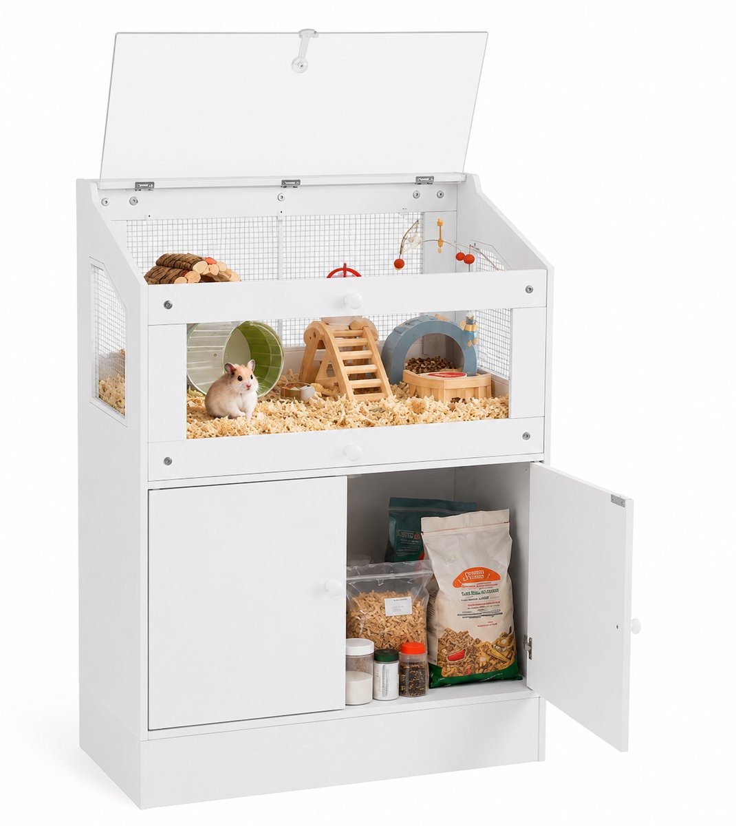 NordPaw® Hamsterkooi met Opbergkast – 80 x 40 x 108 cm – Houten Knaagdierenverblijf met Transparant Deksel – Hamsterhuis met Opbergruimte – Wit