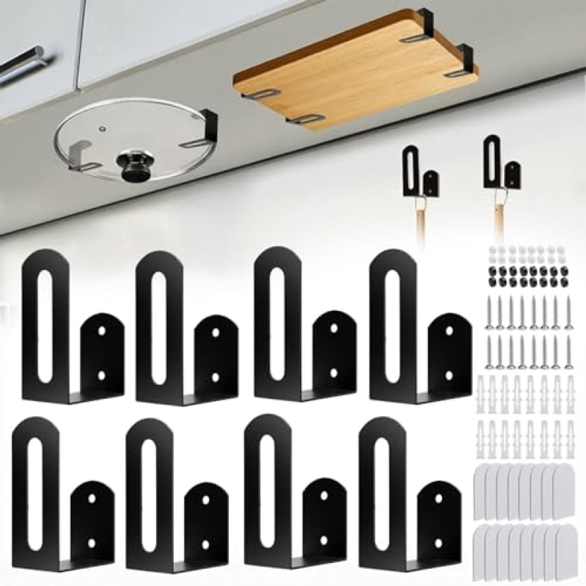 ModernStore 8-delige snijplankhouder en dekselhouder - Verstelbare keukenorganizer met 8 haken - Wandmontage met schroeven of lijm - tot 10 kg draagkracht