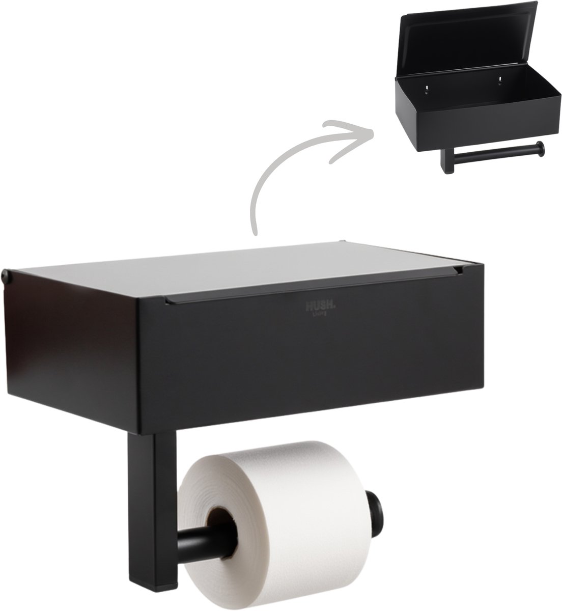 HUSH Living Toiletrolhouder met opbergbakje - wandmontage - RVS - inclusief bevestigingsmiddelen - mat zwart