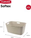 Crèmekleurige wasmand met geometrisch patroon, handgrepen en afmetingen: H38cm, D59cm, W27,5cm. "Curver Softex 45L".