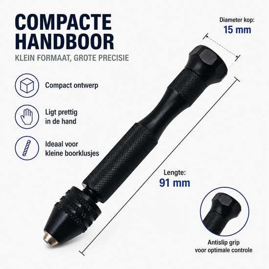 Compacte, zwarte mini handboor (91 mm lengte, 15 mm diameter kop) met antislip grip. Ideaal voor kleine boorlusjes.
