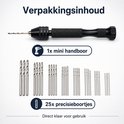 Verpakking met 1 mini handboor en 25 precisieboortjes, direct klaar voor gebruik.