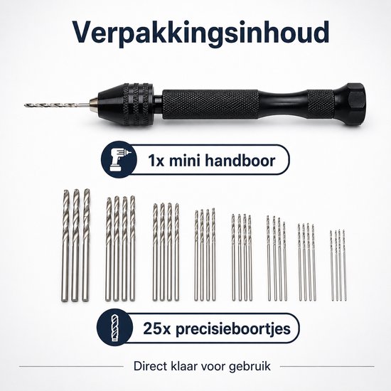 Verpakking met 1 mini handboor en 25 precisieboortjes, direct klaar voor gebruik.