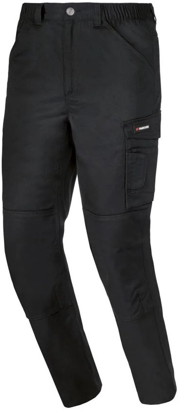 Zwarte Parkside werkbroek met elastische tailleband, kniepatches en cargozak met rood logo.