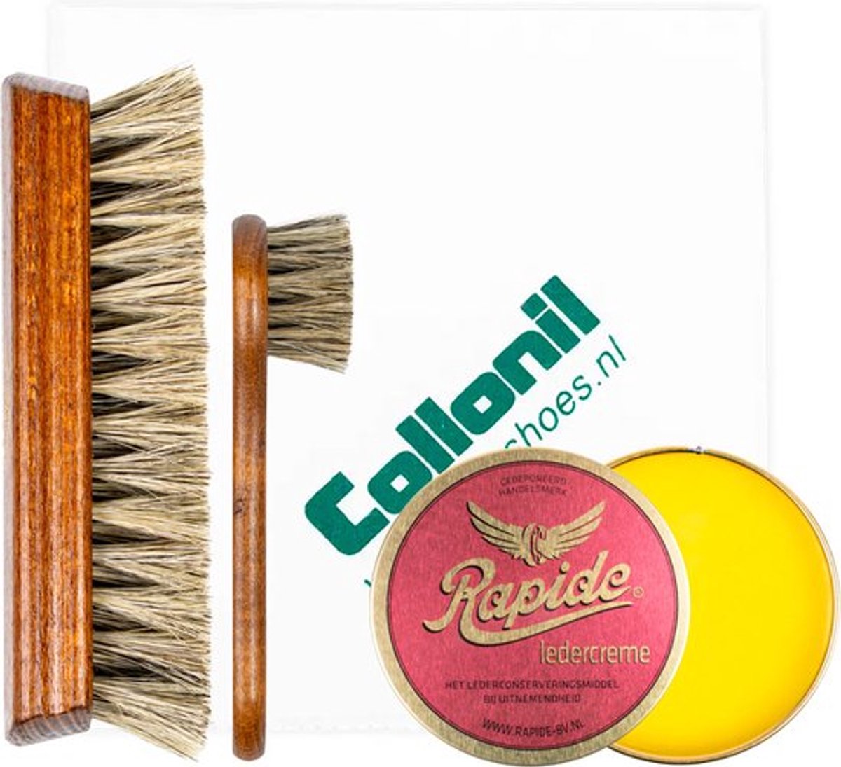 Rapide schoenpoets set | inwrijf + uitwrijfborstel + poetsdoek | Ledervet