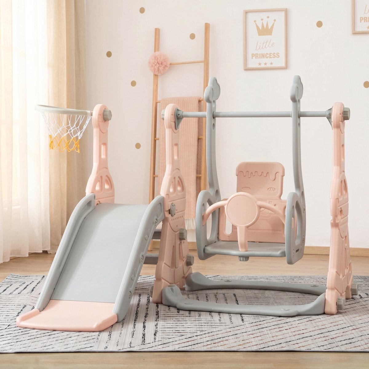 Kinderglijbaan, Buitenglijbaan Kinderen, 4-in-1 Schommelset met Glijbaan, Ladders, Schommels Basketbalring, Geschikt voor Speelhuisjes, Kleuterscholen Parken（Roze）