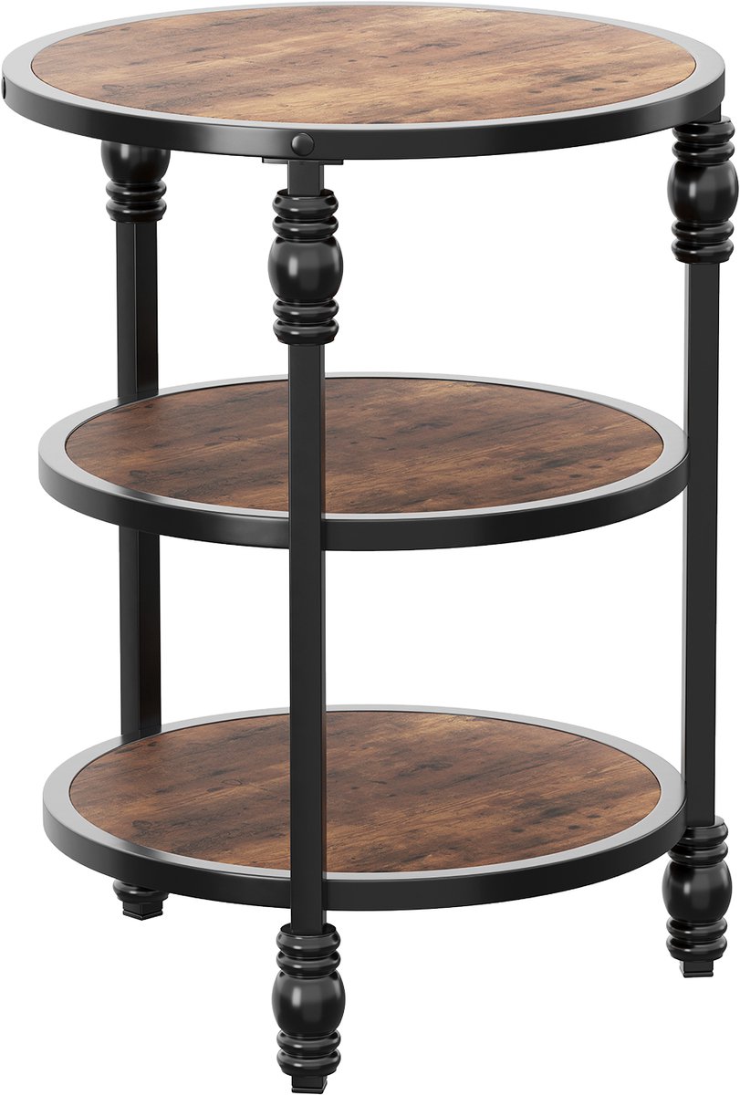 Ronde bijzettafel met 3 lagen, kleine salontafel en banktafel van hout en metaal, industrieel nachtkastje voor woonkamer en slaapkamer