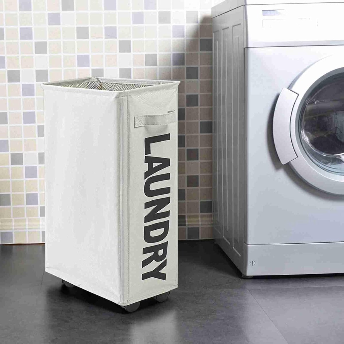 Rollende Wasbox Wasmand met Wielen Was Sorteren Slank Ruimtebesparend Ontwerp 60 Liter Beige