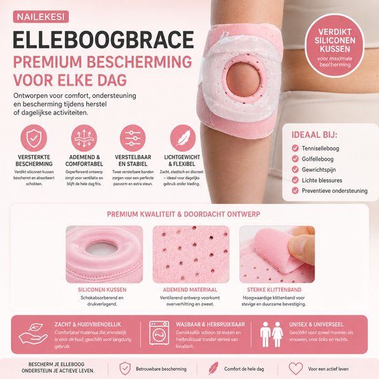 Roze elleboogbrace met klittenbandsluiting en verstelbare banden, ideaal voor dagelijks gebruik.