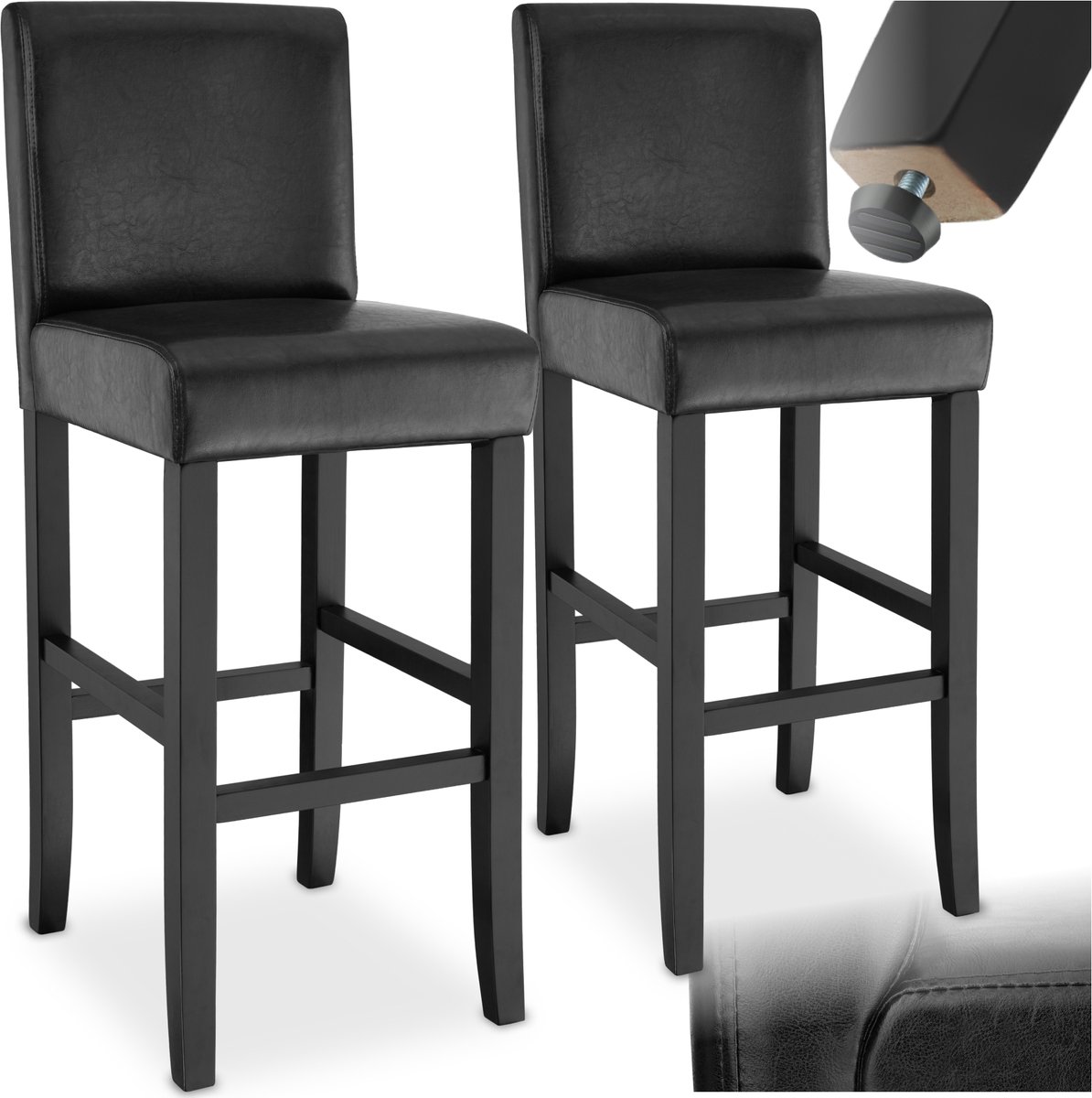 tectake® Set van 2 Barkrukken met Rugleuning - Gestoffeerde Barkruk - Zithoogte 76 cm - Stoelpoten van Massief Hout - Barstoel met Voetsteun - Kruk met Kunstleren Bekleding - Ergonomische Vorm - Barstoelen voor Keuken & Bar - Eetkamerstoelen - Zwart