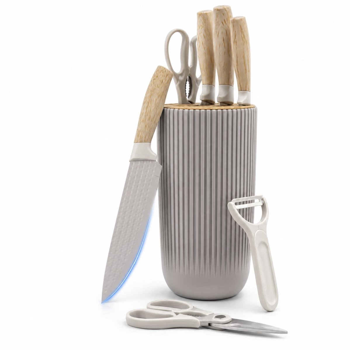 BSS® Messenset met Blok – 6-delige Keukenmessenset Khaki – Scherpe Messen met Antiaanbaklaag en Ergonomisch Design