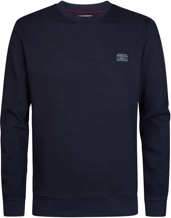 Donkerblauwe trui met structuur en borstlogo 'Petrol Ind. & Co.'