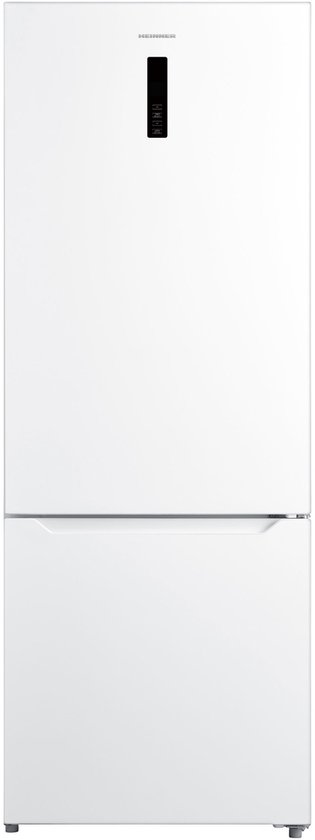 Een vrijstaande, witte Heinner koel-vriescombinatie met een ingebouwd LED-display aan de bovenzijde.