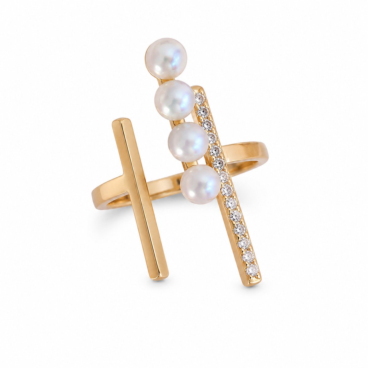 Xuternity Starline Ring – Verstelbare Parelring met Natuurlijke Zoetwaterparels 4-5 mm – Verguld – Zirkonia – Dames Ring