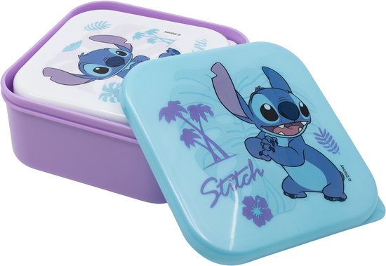 Boîte à lunch violette avec un couvercle turquoise. Stitch est représenté sur les couvercles, avec des feuilles tropicales.