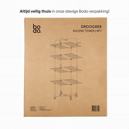 Doos van de witte Bodo droogtoren met een technische tekening van het rek.