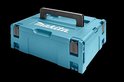 Turquoise Makita opbergkoffer met wit logo en zwart handvat.
