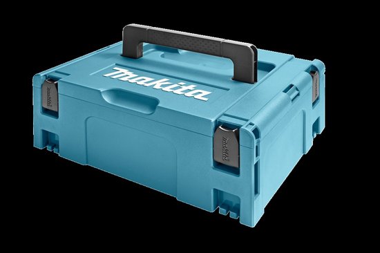 Turquoise Makita opbergkoffer met wit logo en zwart handvat.