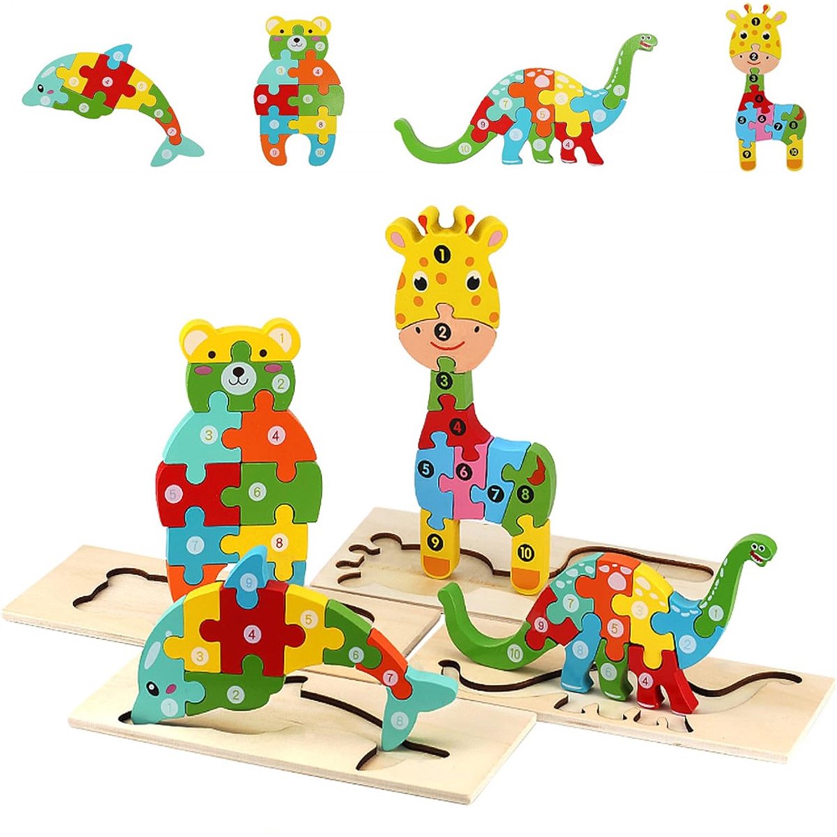 Set van 4 houten puzzels, Montessori-speelgoed voor peuters, 3D-puzzel met cartoon-dieren, educatief leerspeelgoed voor kinderen, cadeau voor jongens en meisjes (giraffe, dolfijn, dinosaurus, beer)