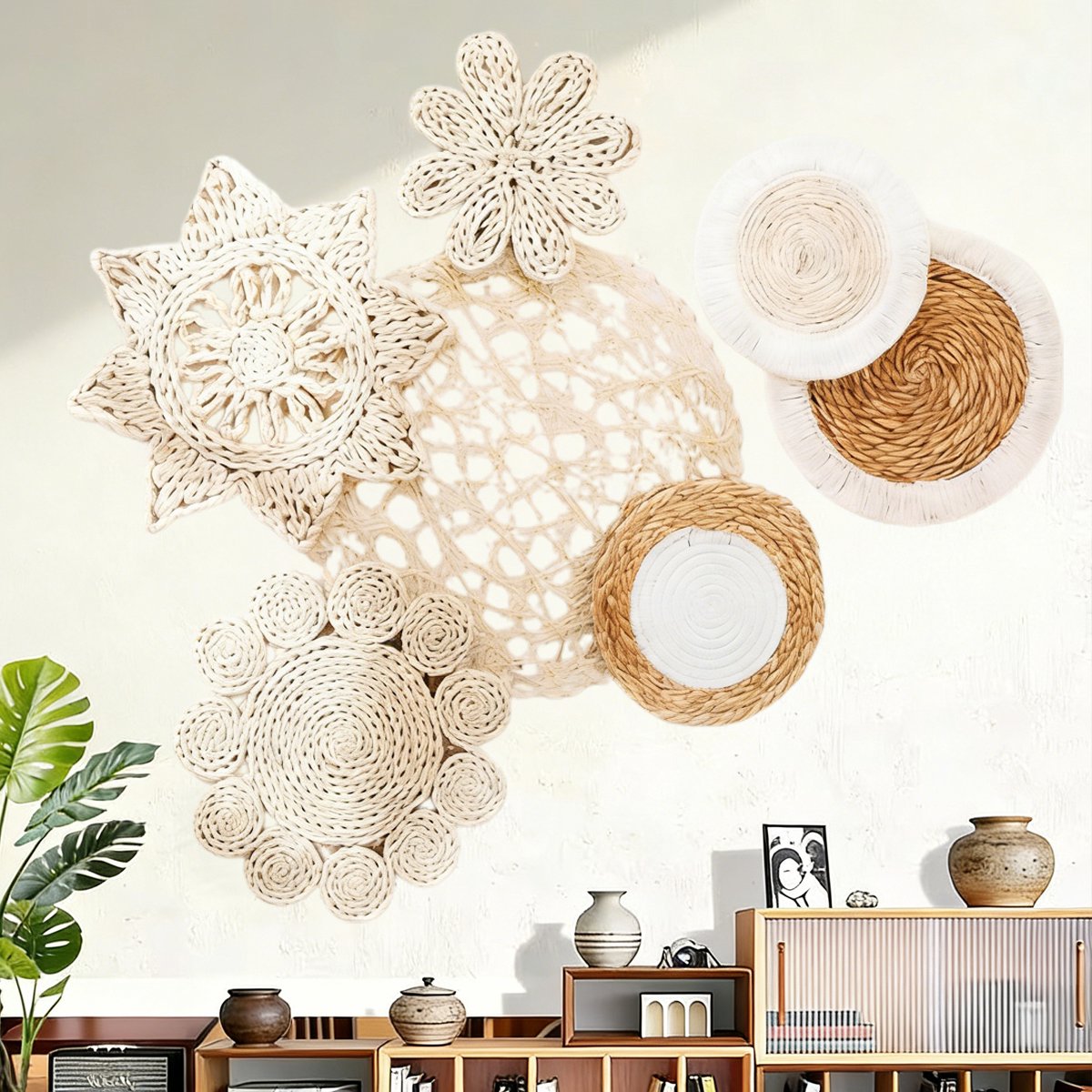 Set van 7 Boho Muur Mand Decor - Zeegras Rotan Rieten Muur Decor Ronde Handgemaakte Hangende Rustieke Platte Elegante Wall Art voor Boerderij Woonkamers Slaapkamers Display Tafel Instellingen Keuken