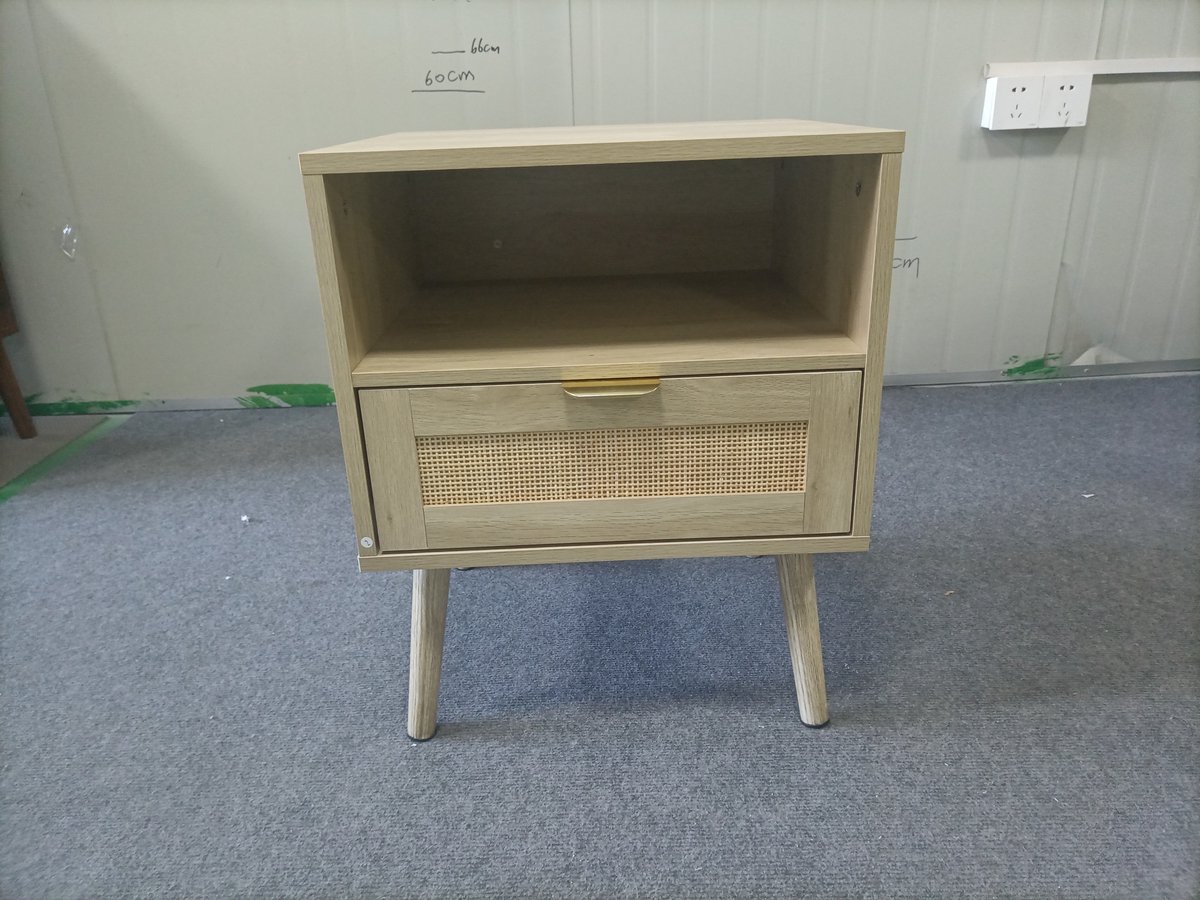 REDOM - Nachtkastje - Open vak en lade - Goudkleurige handgreep - Bohemian stijl - Voor slaapkamer of kantoor - MDF en spaanplaat - Eiken - 45 x 40 x 55 cm