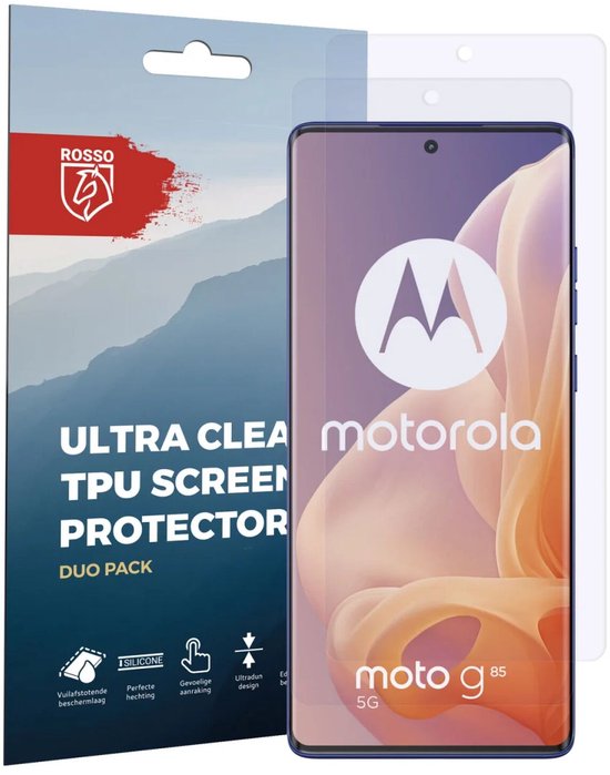 Motorola Moto G85 5G met "Rosso Ultra Clear TPU Screen Protector Duo Pack" verpakking.