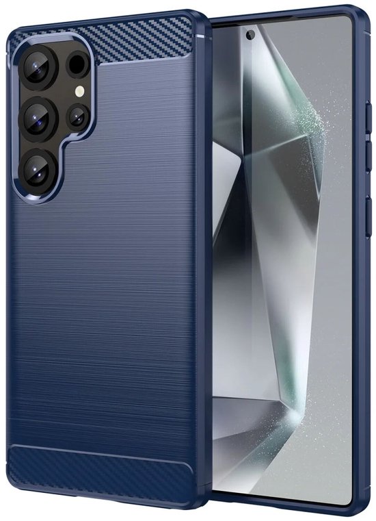 Geborsteld TPU Hoesje Geschikt voor Samsung Galaxy S25 Ultra | Beschermhoes | Back Cover | Flexibel TPU | Stijlvol Carbon | Dun | Blauw