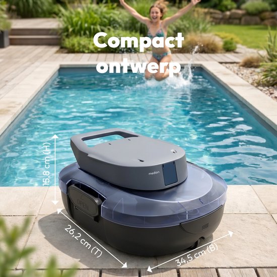 MEDION PR1 Zwembadrobot accu, voor opzetzwembad, bodemreiniging zwembad, One-Click-bediening, zelfparkeerfunctie, 120 min accuduur, 2,2 L filtercapaciteit, voor 80–100 m², incl. oplader en haak van Medion — afbeelding 4