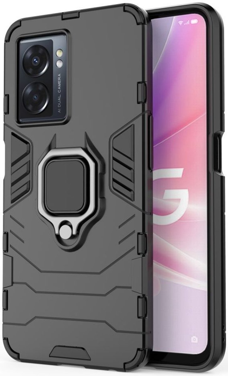 Oppo A57 / A57s / A77 Hoesje met Magnetische Kickstand Ring Zwart