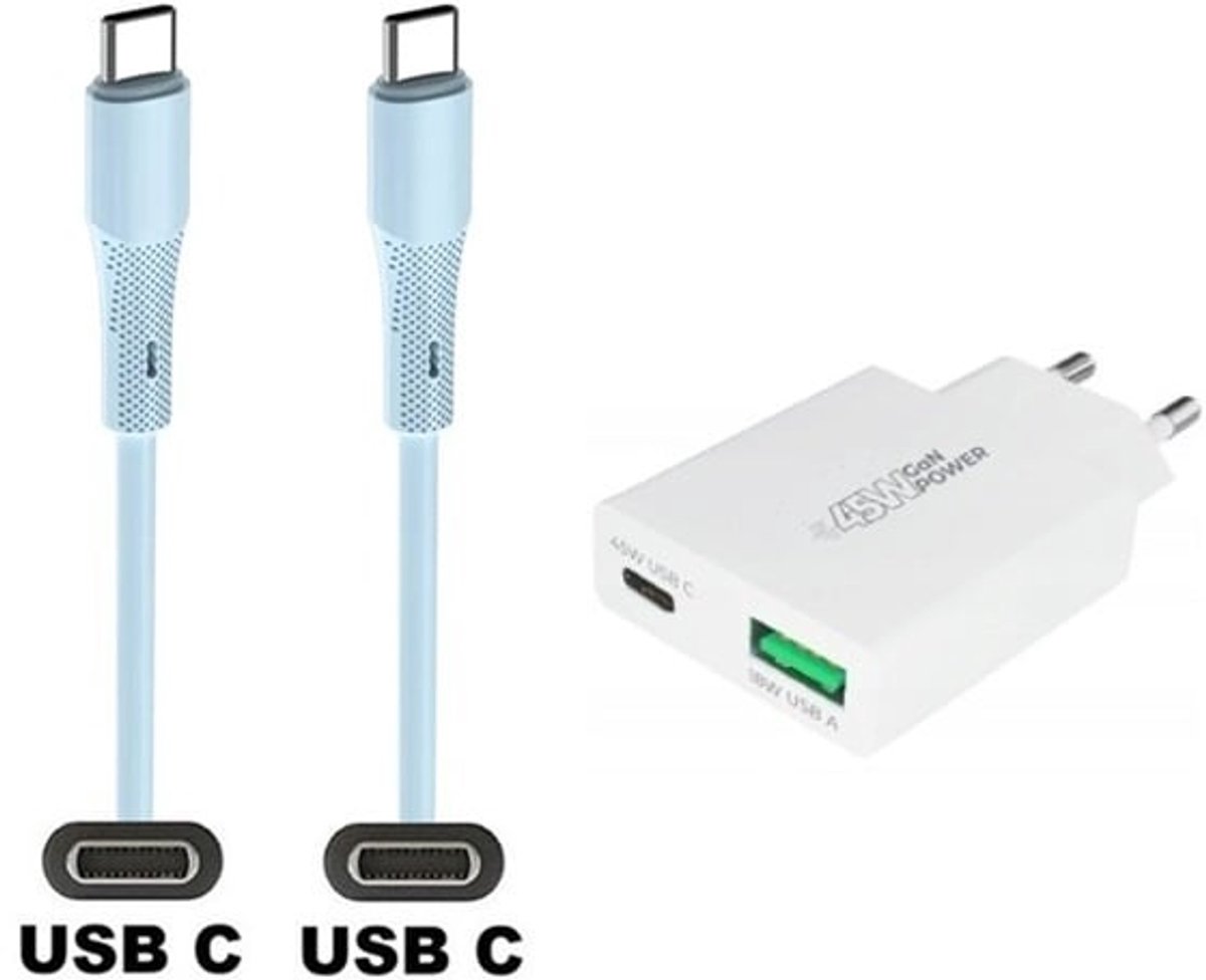 45W super snellader met 2 poorten + 1,0m USB C naar C kabel. Universele PD PPS lader. Compacte GaN oplader adapter past op JBL Go 3, Go 4, Free 2, Flip 5 / 6, Charge 4 / 5, Tour One / One M2 / One Pro 2 / One Pro plus, Extreme 3 / 4