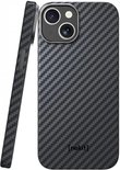 Een grijs/zwart koolstofvezel hoesje voor een iPhone, van de zijkant gezien.