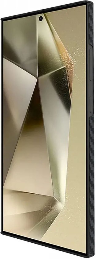 Zij-aanzicht van Samsung Galaxy S24 Ultra met zwart carbon fiber hoesje.