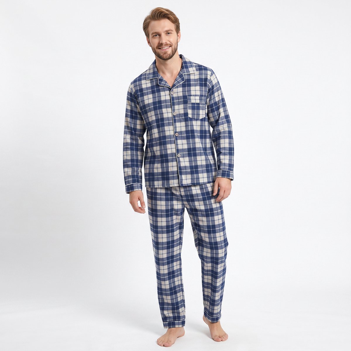 Heren Geruite Doorknoop Pyjama Lange Mouw Lange Broek - Grote Ruitjes - Katoen - Donkergrijs - Maat 3XL - 2503-Grey-3XL