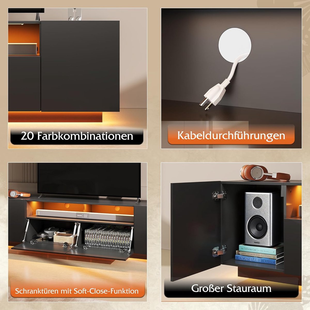 TV Meubel met LED Verlichting – House&Garden Zwart Design TV Kast 170 cm voor TV’s tot 75 inch – Modern Lowboard TV Meubel met RGB LED, 4 Planken, Kasten, Open Vak & Kabelmanagement – Luxe Entertainment Meubel voor Woonkamer & Gaming Setup
