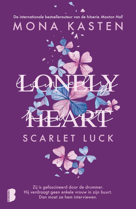 Boekomslag van 'Lonely Heart' door Scarlet Luck. Lila en blauwe vlinders en bloemen op paarse achtergrond. Titel van Mona Kasten.