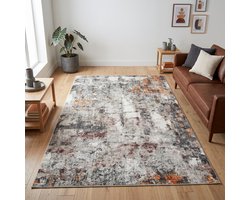 TAPISO Bari Vloerkleed Abstract Verweerd Patroon Antislip Tapijt Woonkamer Slaapkamer Zwart Grijs Multicolor Oranje Modern Design Oeko-Tex 140x200