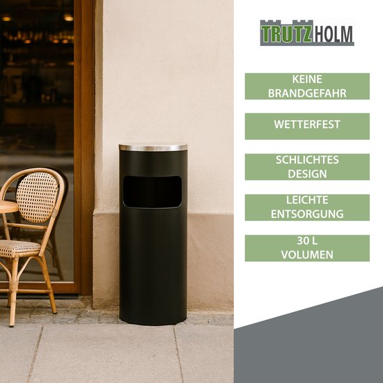 TRUTZHOLM Afvalbak met Asbak 30L Zwart - 2-in-1 Buitenafvalbak Metaal - Heavy Duty Staande Asbak Vuilnisbak Poedercoating van TRUTZHOLM — afbeelding 4
