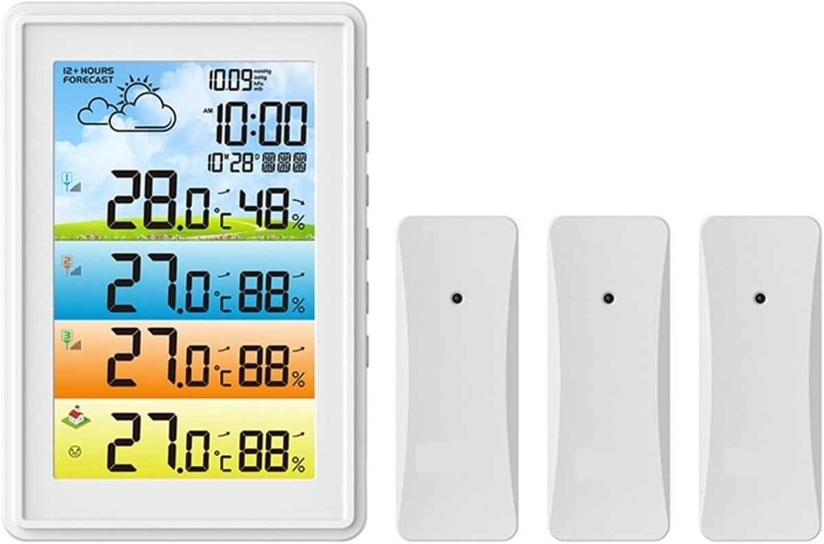 Weerstations Draadloos - Digitale Hygrometer Thermometer - Weersvoorspelling Binnen - Kleurrijk Display Trend - 3 Sensoren - P