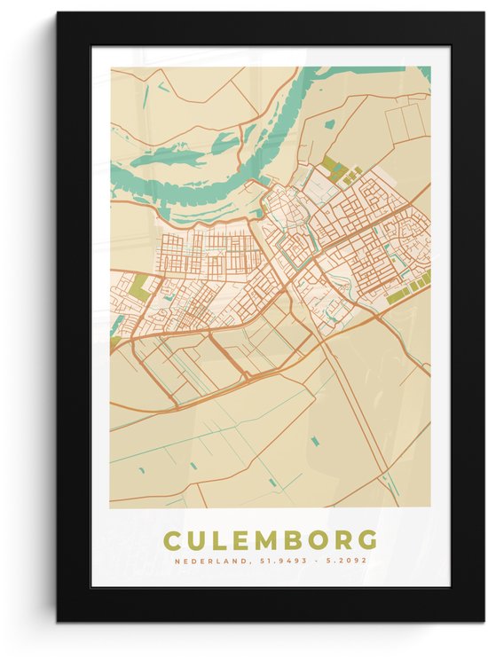 Poster in lijst - Fotolijst 20x30 cm - Posters - Kaart - Culemborg - Vintage - Posterlijst zwart - Decoratie - Wanddecoratie woonkamer - Muurdecoratie slaapkamer