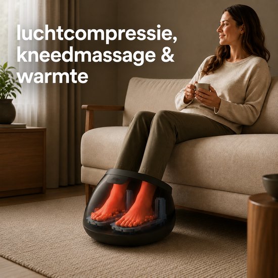 Vrouw drinkt thee met voetmassageapparaat, voeten zichtbaar in de rode gloed.