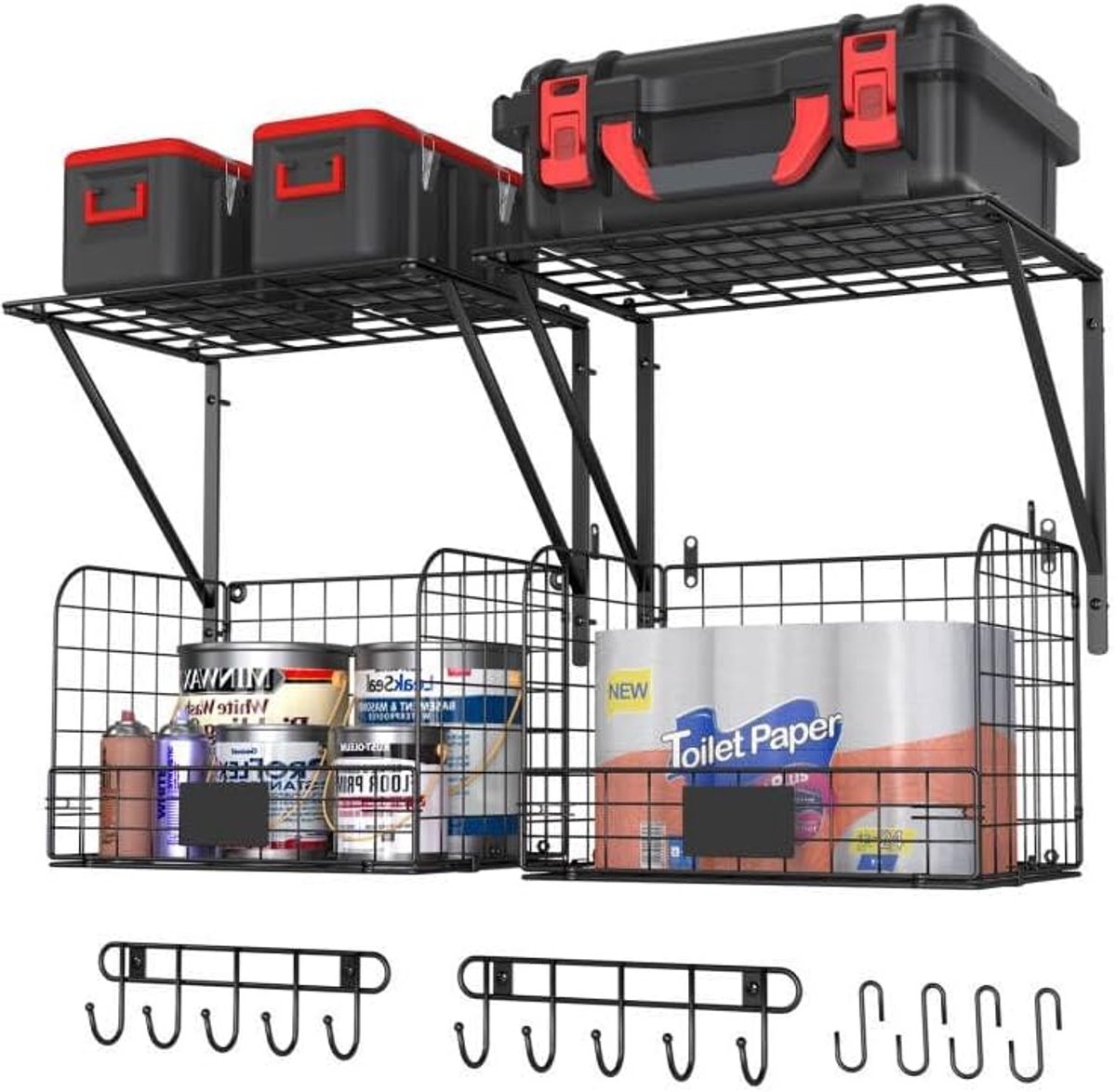 Set van 2 garageplanken, wandmontage met draadmanden, zware garagewandrekken met haken, draadplank, manden, gereedschapsorganizer voor thuis, tuin, garage, organisatie en opslag