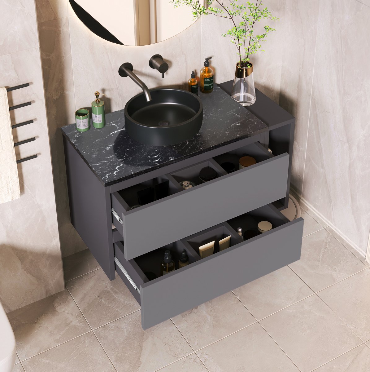 DESMIU Badkamermeubel - Hangend Met Keramische Waskom En 2 Lades - Voor Badkamer - MDF - 80 x 44 x 48,5 Cm - Zwart Grijs