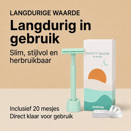 Mintgroen scheerapparaat met houder, verpakking en mesjes. "Safety Razor 20 Blades".