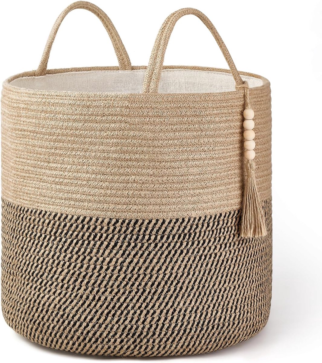 Geweven opbergmand, decoratieve touwmand, houten kralendecoratie voor dekens, speelgoed, kleding, schoenen, plantenorganisatorbak met handgrepen voor woonkamer, huisdecoratie, geel en zwart,