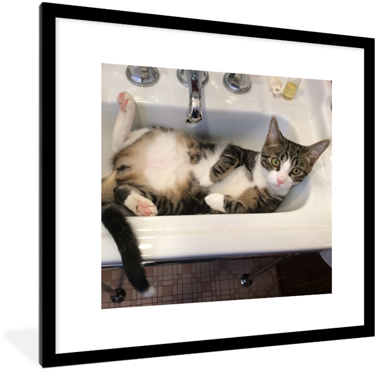Poster in lijst - Fotolijst 40x40 cm - Posters - Kat - Wasbak - Badkamer - Posterlijst zwa